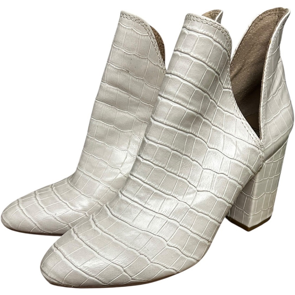 Steve Madden Rookie Pointed Toe Block Heel Ankle Boots Cream Faux Croc Bootie 8M